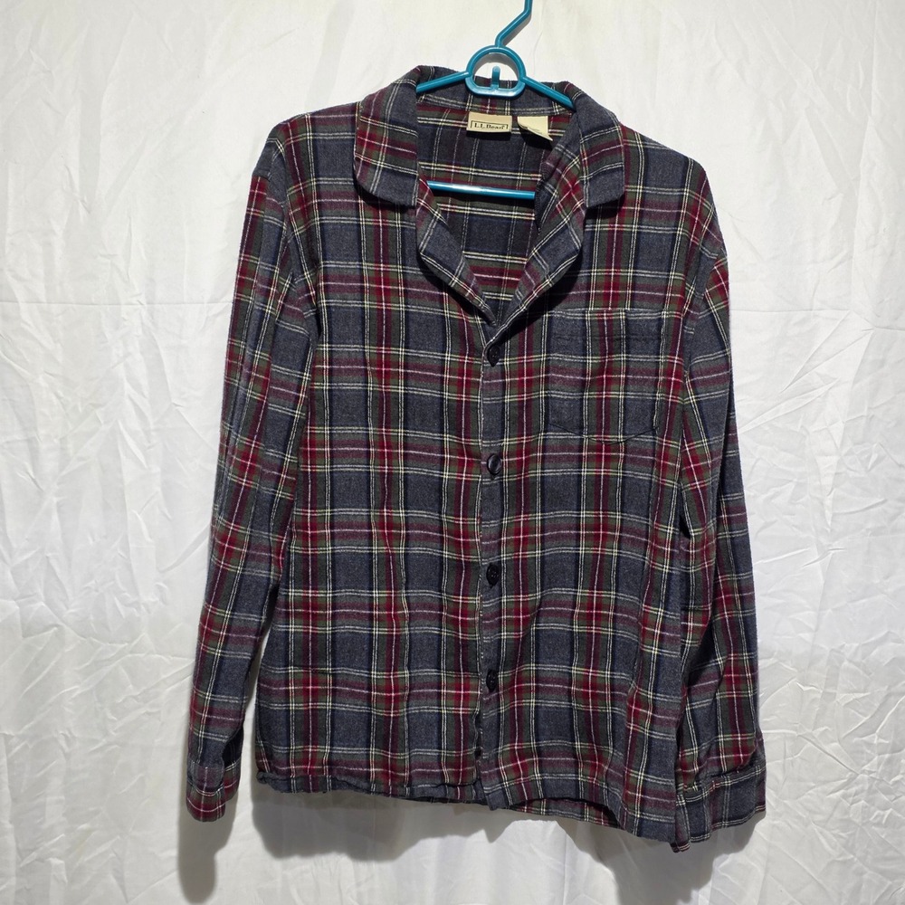 LL Bean Mens Flannel Pajama Top Grey Red Plaid Cotton Sleep Shirt Medium Short